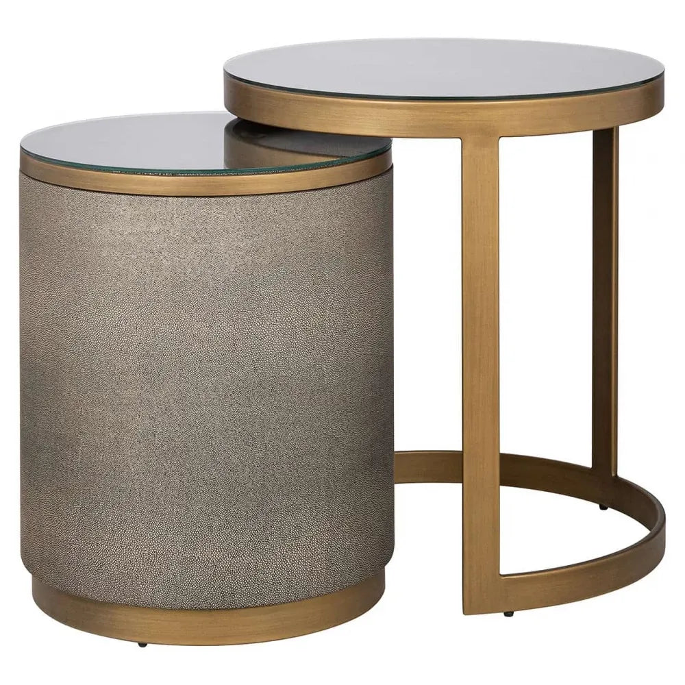 Set 2 masute de cafea Rotunda din Sticla Transparent si Metal/Piele ecologica Alama/Bej D40/50xH49/55cm Bloomville