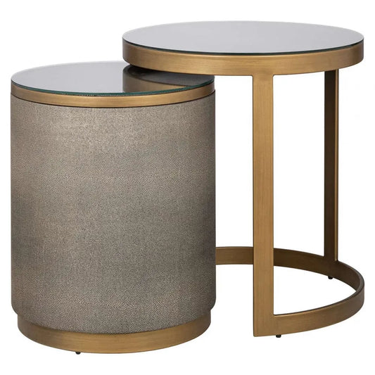 Set 2 masute de cafea Rotunda din Sticla Transparent si Metal/Piele ecologica Alama/Bej D40/50xH49/55cm Bloomville