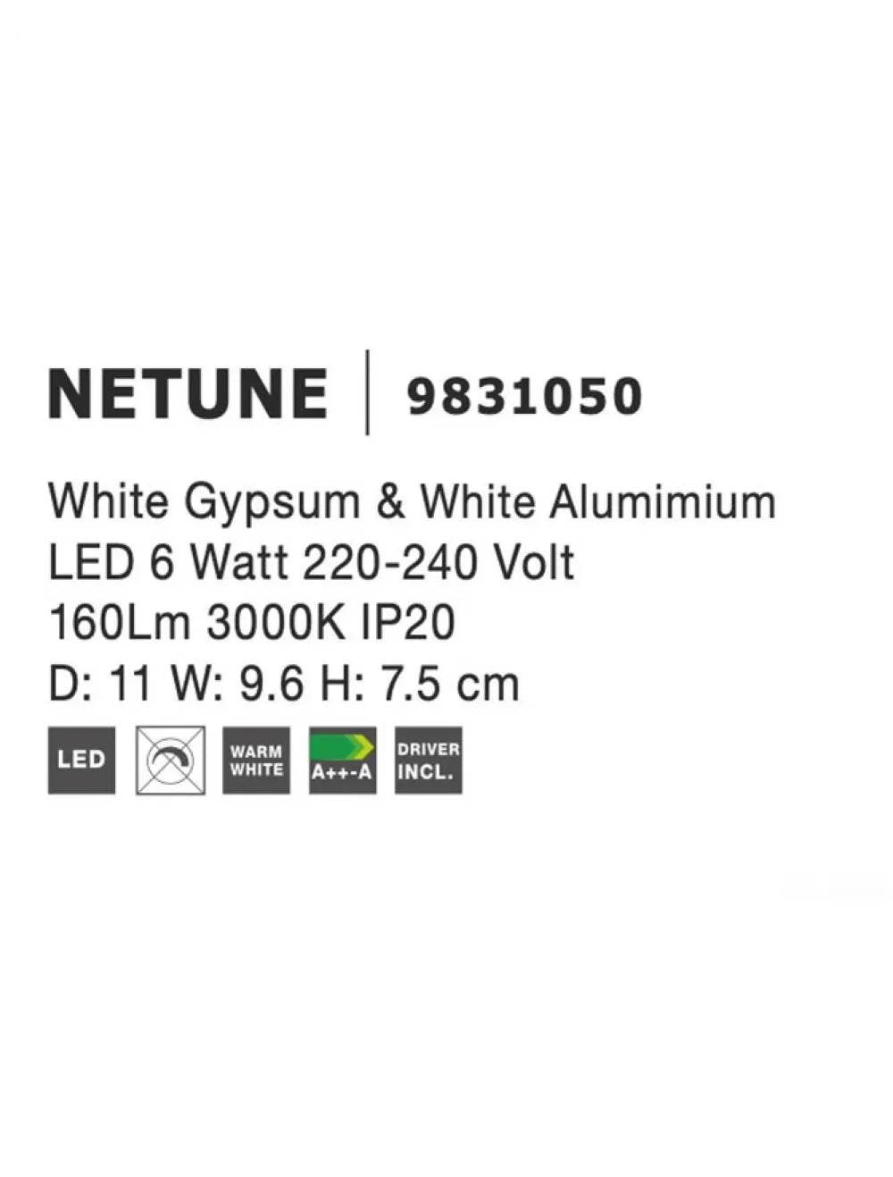 Aplica de perete structura din Aluminiu Alb si abajur din Gips Alb H7.5xL11cm IP20 6W 160lm 3000k NETUNE
