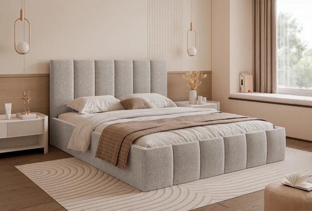 Pat 120 x 200 tapitat cu Stofa boucle Abriamo Gri deschis Lerena