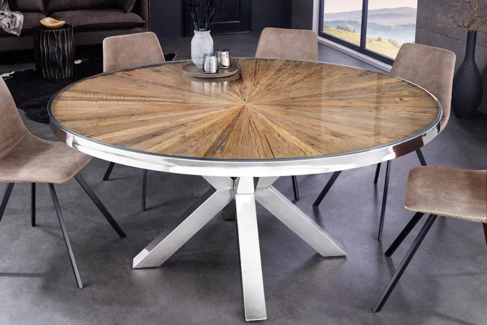 Masa rotunda din Lemn de tec/Sticla securizata Maro/Transparent si Otel inoxidabil Argintiu D120xH76cm Barracuda