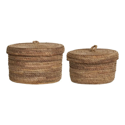 Set 2 cosuri depozitare cu capac impletite natural Maro H14/16xD21/24cm Desio