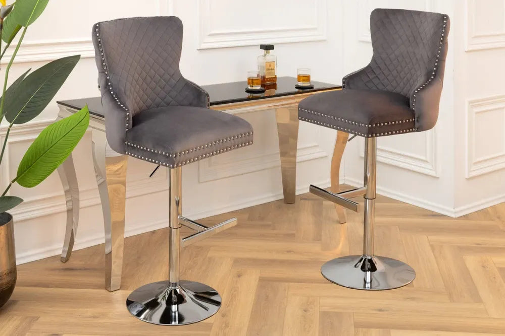 Set 2 scaune de bar din Otel inoxidabil Argintiu si Catifea Gri H108-130xL50cm Castle