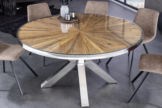 Masa rotunda din Lemn de tec/Sticla securizata Maro/Transparent si Otel inoxidabil Argintiu D140xH78cm Barracuda
