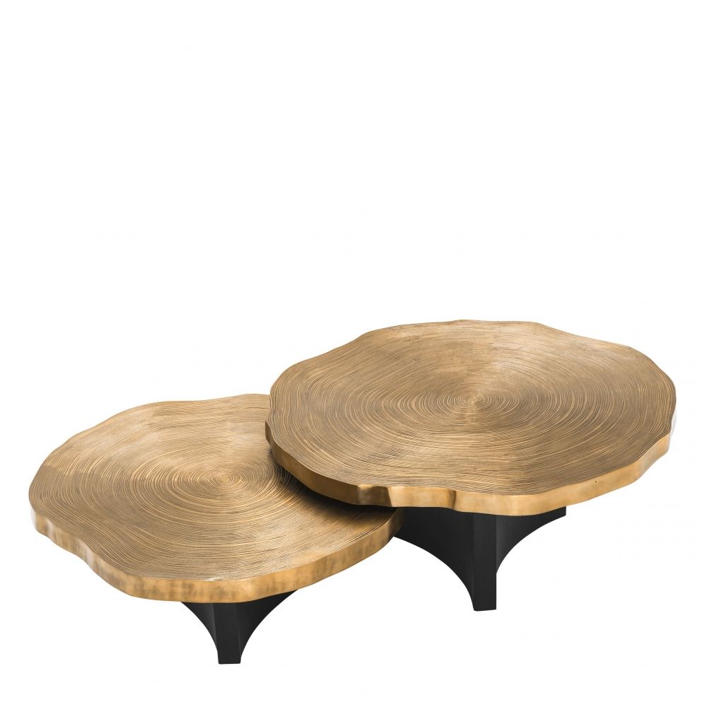 Set 2 masute de cafea Rotunde din MDF si Lemn masiv Negru/Auriu D85/95xH34/41cm Thousand Oaks