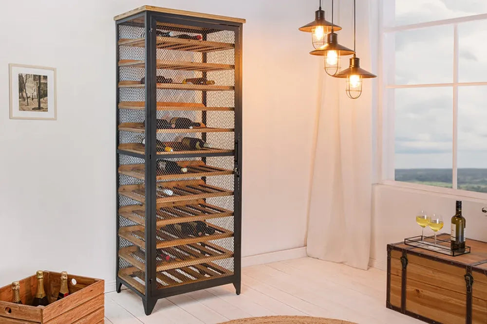 Dulap de vinuri din Lemn de brad Maro si Metal Negru L67xH184cm BODEGA
