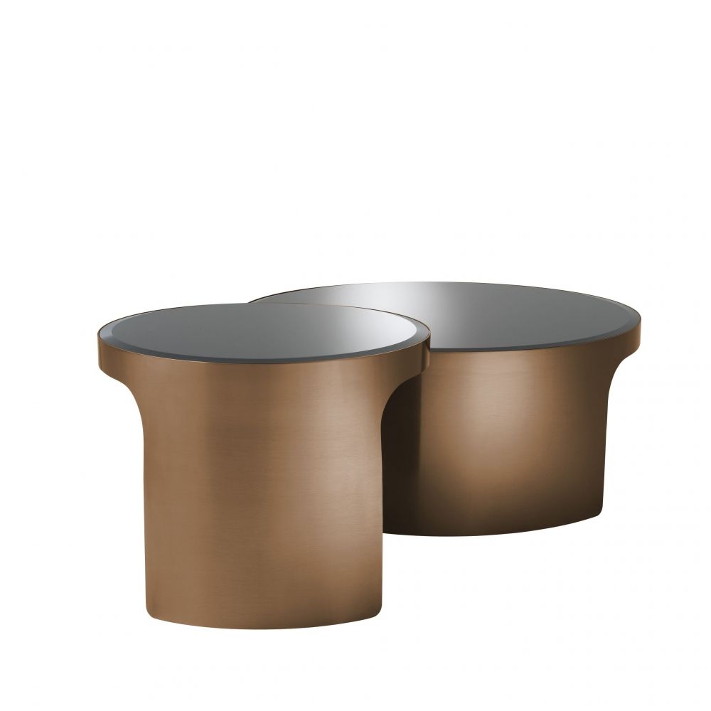 Set 2 masute de cafea Rotunde din Otel inoxidabil si Sticla securizata Maro/Negru D60/90xH38/47cm Piemonte