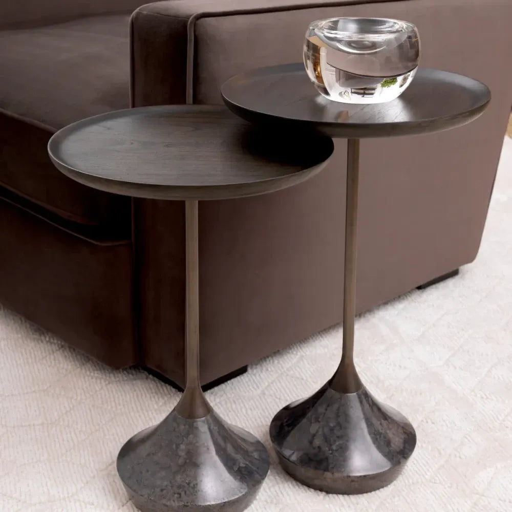 Set 2 masute laterale Rotunde din Marmura/ Metal Gri/Bronz si Lemn de mindi Maro D35xH50.5/56cm Puglia Eichholtz