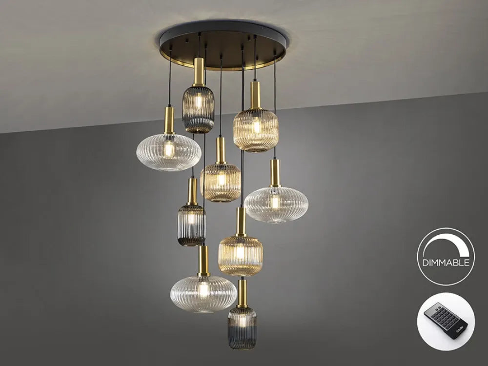 Candelabru cu telecomanda 9 becuri din Metal Negru si Sticla Multicolor H320xD80cm Norma