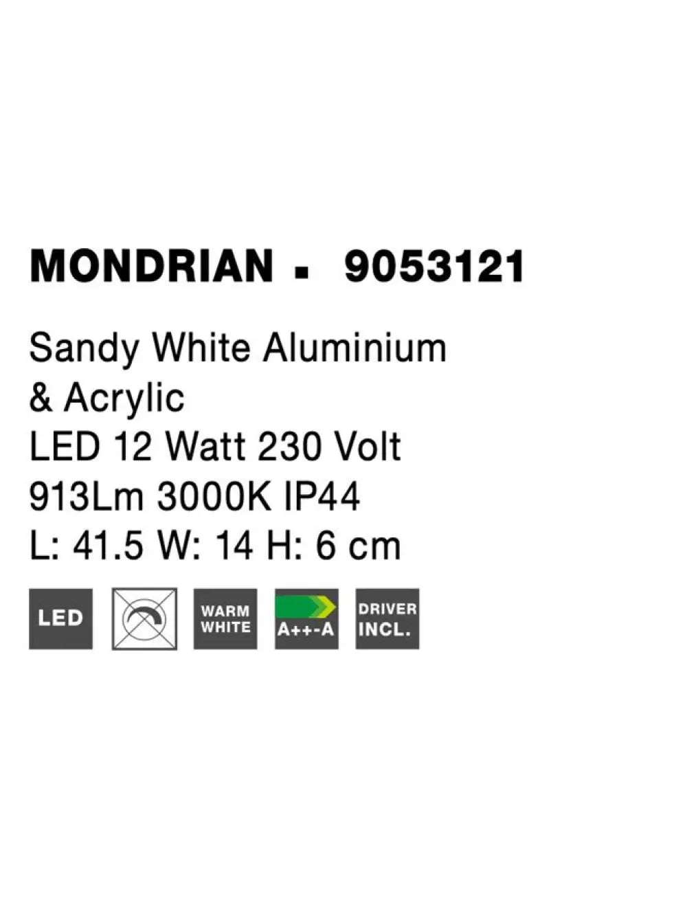 Aplica de perete structura din Aluminiu Alb si abajur din Acrilic Alb H6xL41.5cm IP44 12W 913lm 3000k MONDRIAN