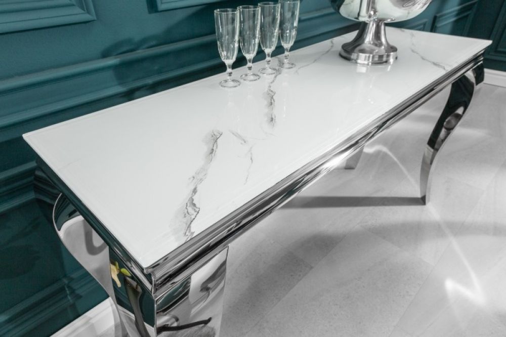 Consola din Sticla securizata si Otel inoxidabil alb/Argintiu Baroque L145xH75cm