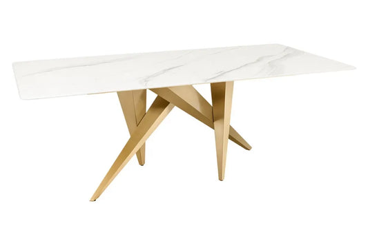 Masa din Ceramica Alb cu efect de marmura si Metal Auriu L200xH75cm Art living
