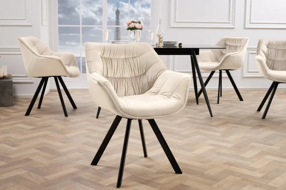 Set 2 scaune rotative tapitat cu Catifea Bej sampanie si picioare din Metal Negru H80xL64xA62cm THE DUTCH COMFORT
