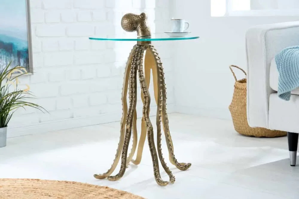 Masuta laterala din Sticla securizata Transparent si Metal Auriu L45xH67cm Wildlife octopus
