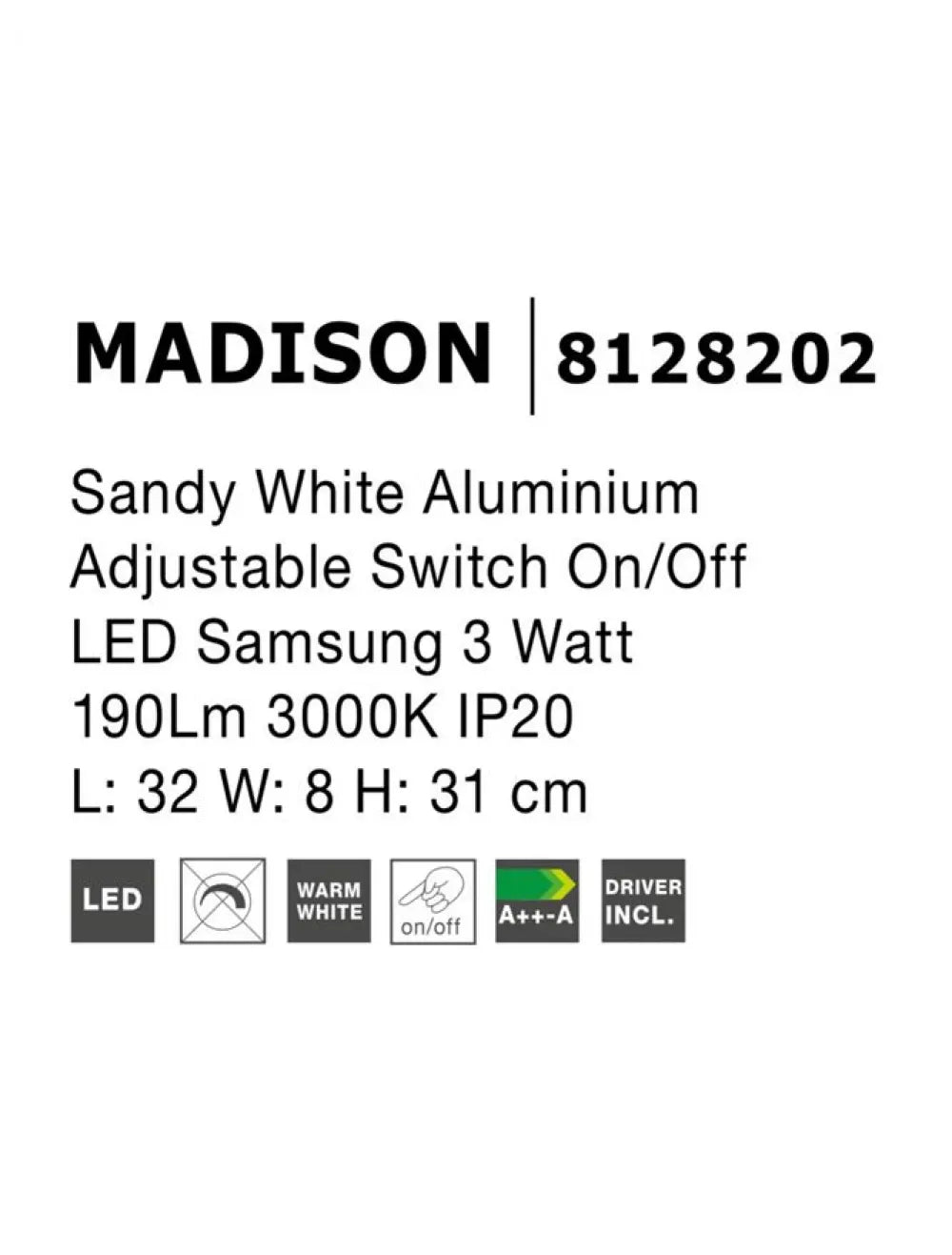 Aplica de perete din Aluminiu Alb H8xL32cm IP20 3W 190lm 3000k MADISON