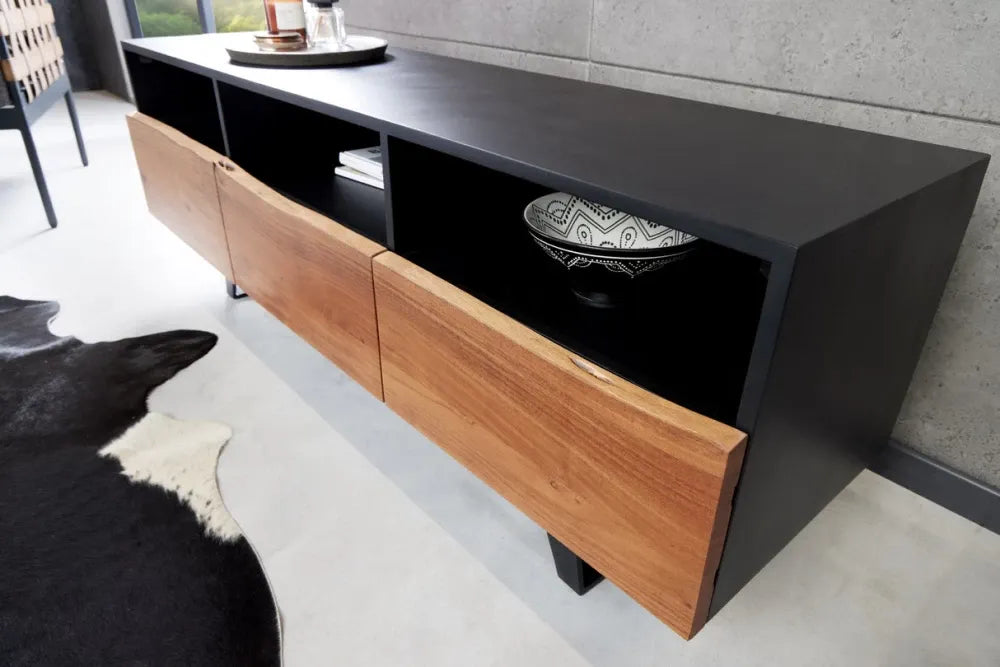 Comoda TV din MDF/Lemn de salcam Negru/Maro si Metal Negru L140xH50cm ORGANIC ARTWORK