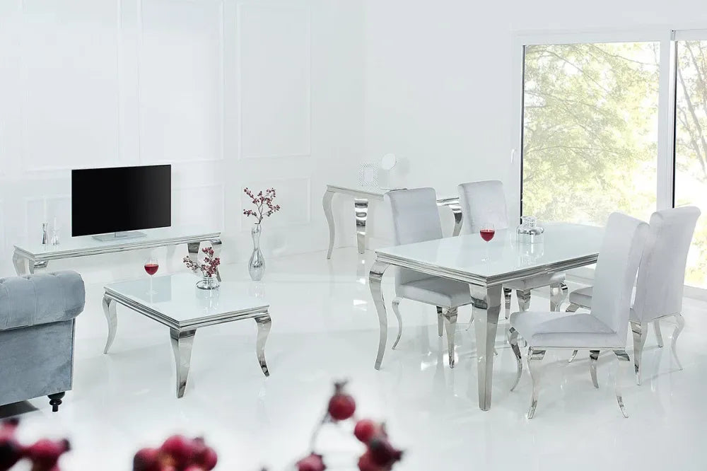 Consola din Sticla securizata Alb si Metal Argintiu L140xH75cm MODERN BAROCK