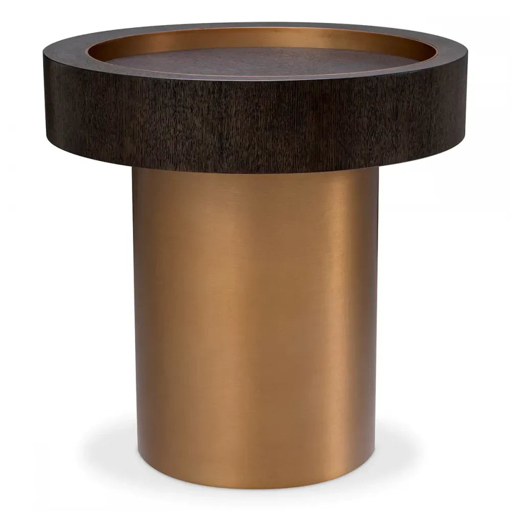 Masuta laterala Rotunda din Otel inoxidabil Alama si Furnir de stejar Maro mocha D50xH50.5cm Otus Eichholtz