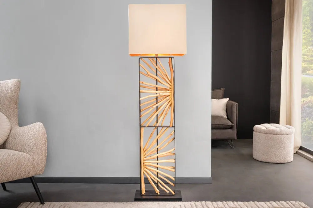 Lampa de podea din Metal/Lemn Negru/Maro si Textil Bej L45xH165cm EUPHORIA
