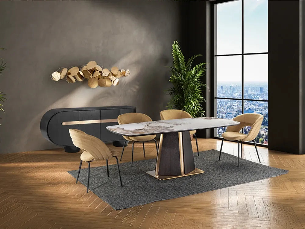 Masa din MDF/Otel inoxidabil Rosegold/Maro si Portelan Multicolor L200xH76cm Luca