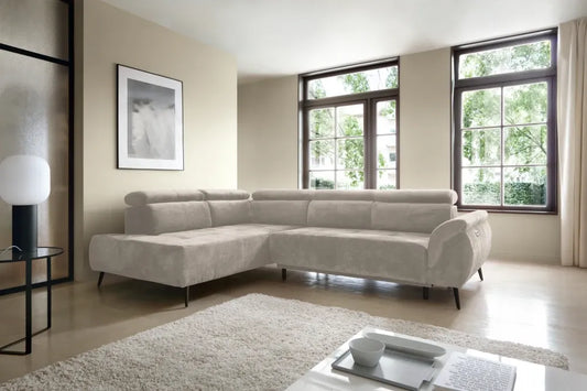 Coltar extensibil electric tapitat cu Chenille Bej cu lada depozitare Genova II