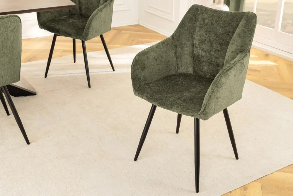Set 2 scaune rotative cu brate tapitat cu Chenille Verde si picioare din Metal Negru H85xL55xA58cm Avignon
