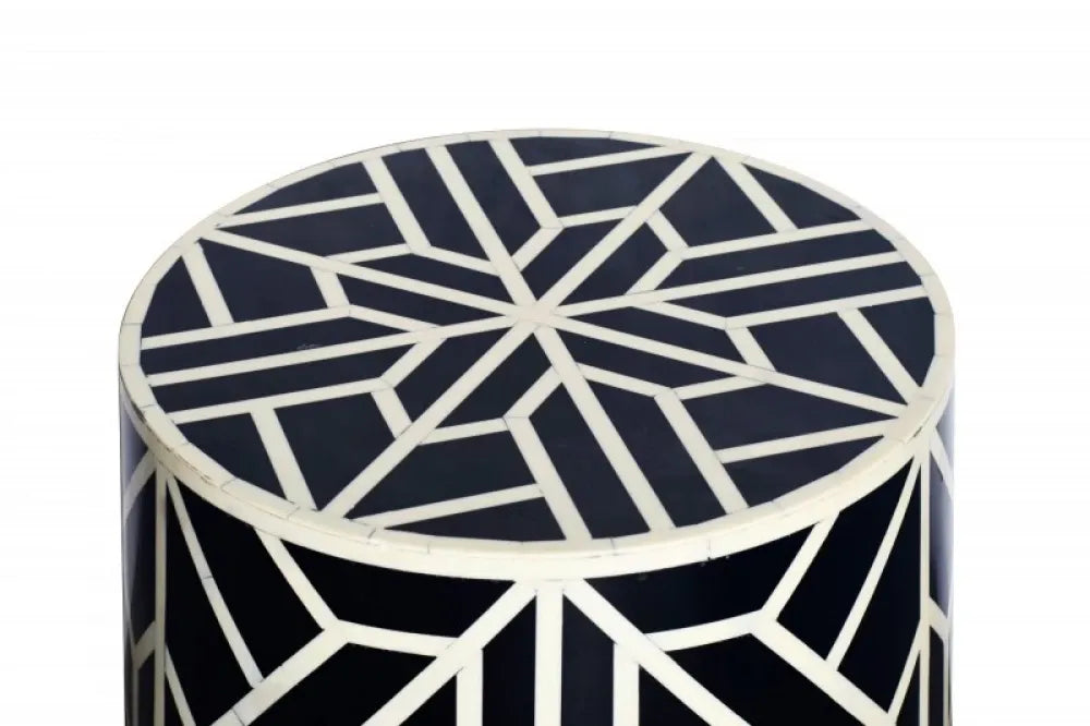 Masuta laterala Rotunda din Polirasina Alb/Negru D35xH46cm Bone Inlay