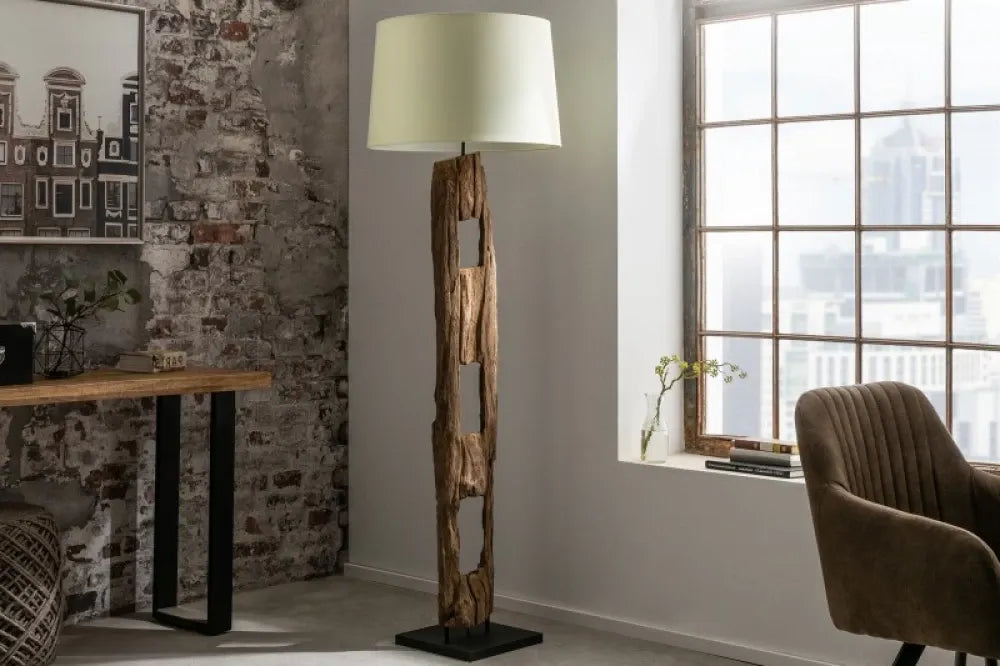 Lampa de podea din Lemn Maro si Textil Alb H177xD55cm Barracuda