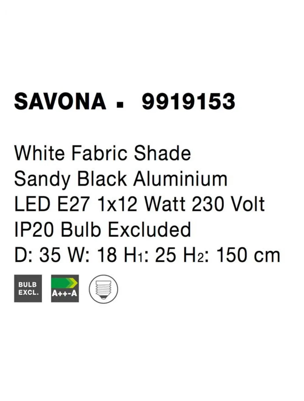 Lampa de podea structura din Aluminiu Negru si abajur din Textil Alb H150xL35cm IP20 SAVONA