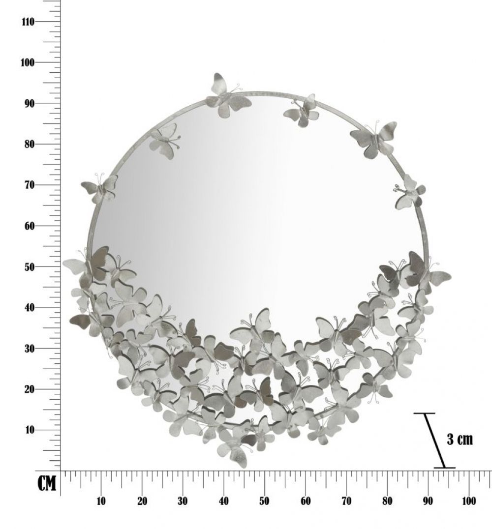 Oglinda Rotunda cu rama din Metal Argintiu Fluturi D91cm