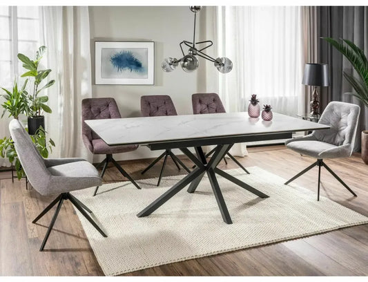 Masa Extensibila de 10 persoane din Ceramica+MDF Alb mat cu efect de marmura si Metal Negru mat L160-200xH75cm Logan