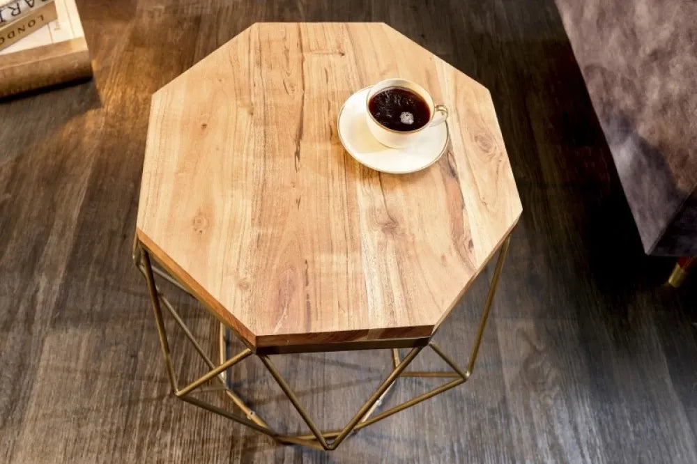 Masuta laterala Rotunda din Lemn masiv de salcam Maro si Metal Auriu L50xH50cm Diamond
