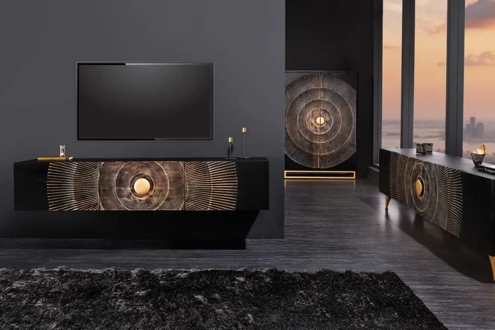 Comoda TV suspendata din Lemn de mango Negru L160xH33cm GOLDEN SUNSET
