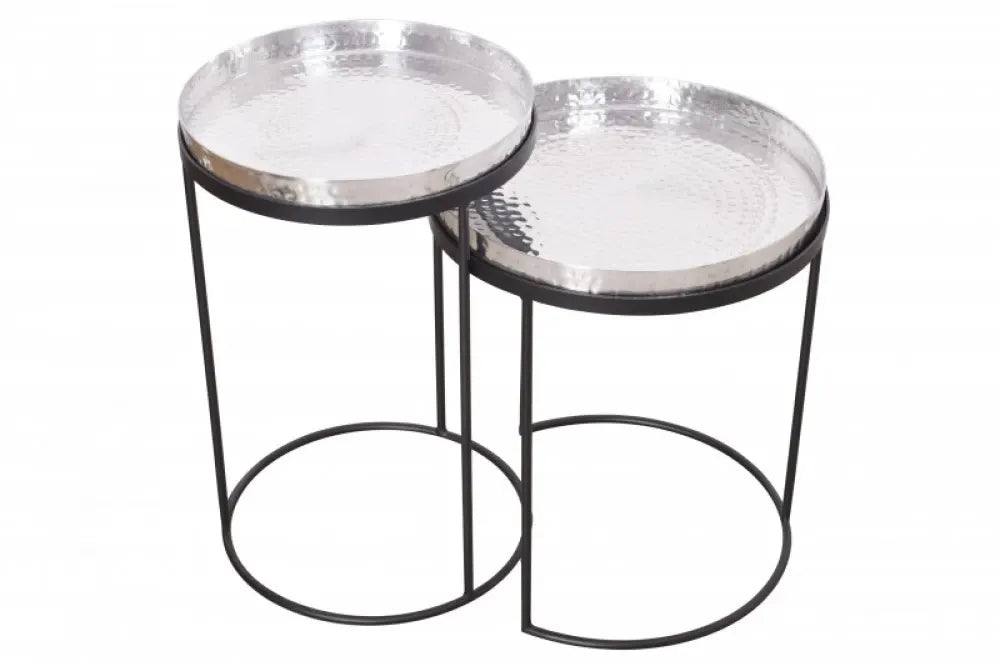 Set 2 masute de colt Rotunde din Metal Argintiu/Negru D34/39xH46/53cm Elements