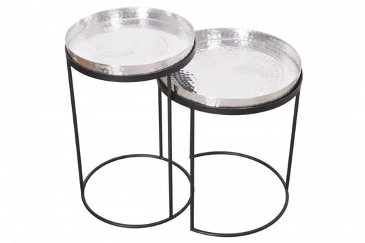 Set 2 masute de colt Rotunde din Metal Argintiu/Negru D34/39xH46/53cm Elements