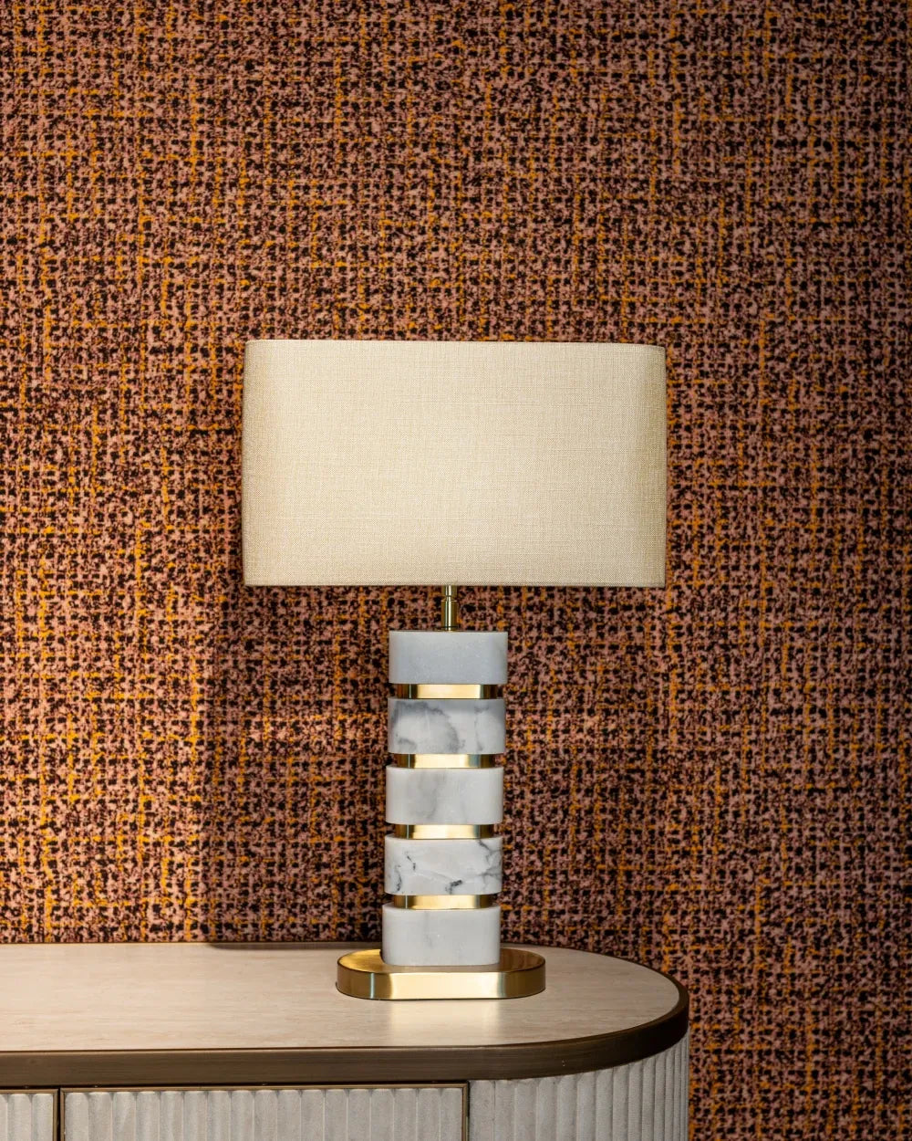 Veioza din Metal/Marmura/Textil Auriu/Alb/Bej L40xH64cm Lenore