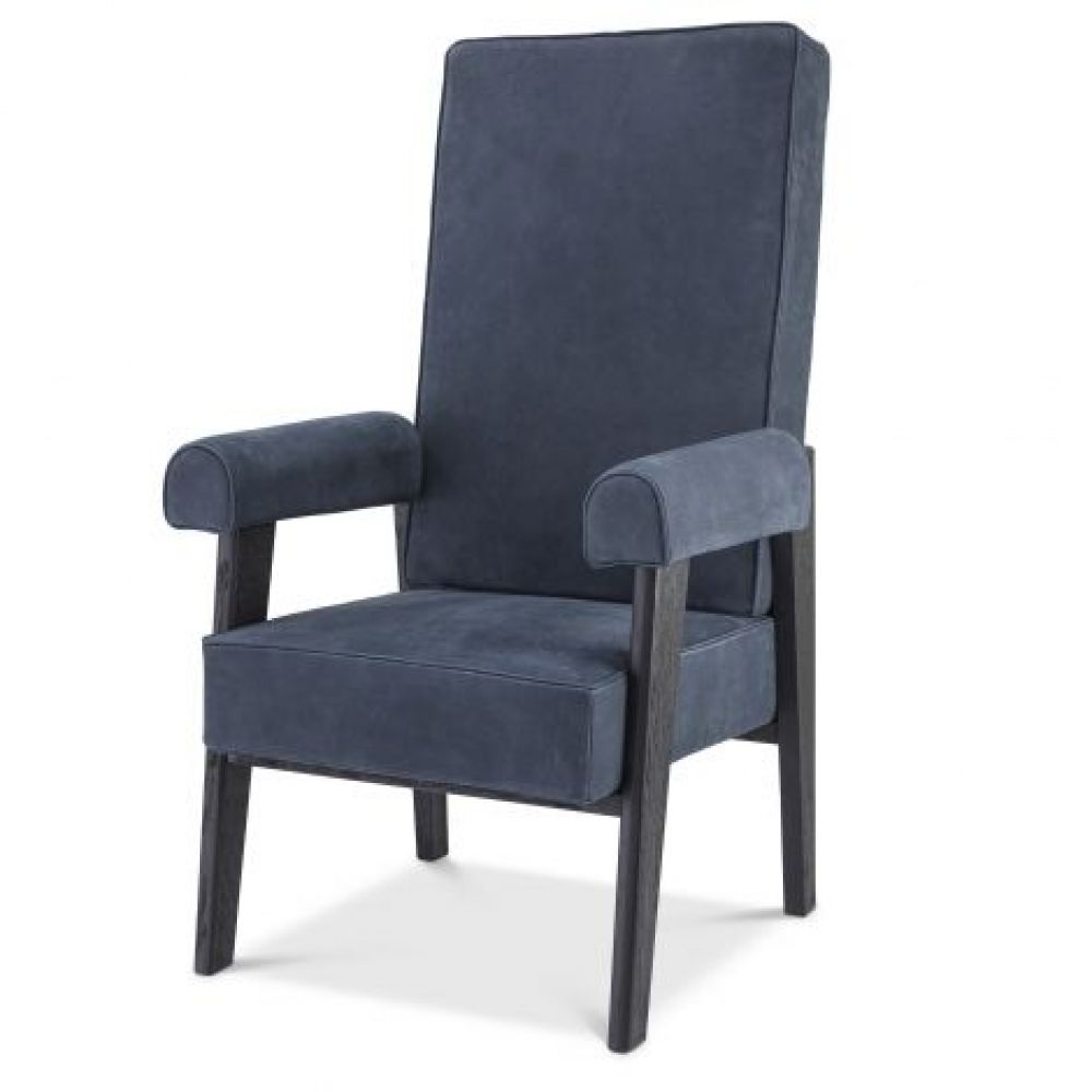 Fotoliu din Piele Albastru cu baza din Lemn masiv de stejar Negru H123xL70xA78cm Milo