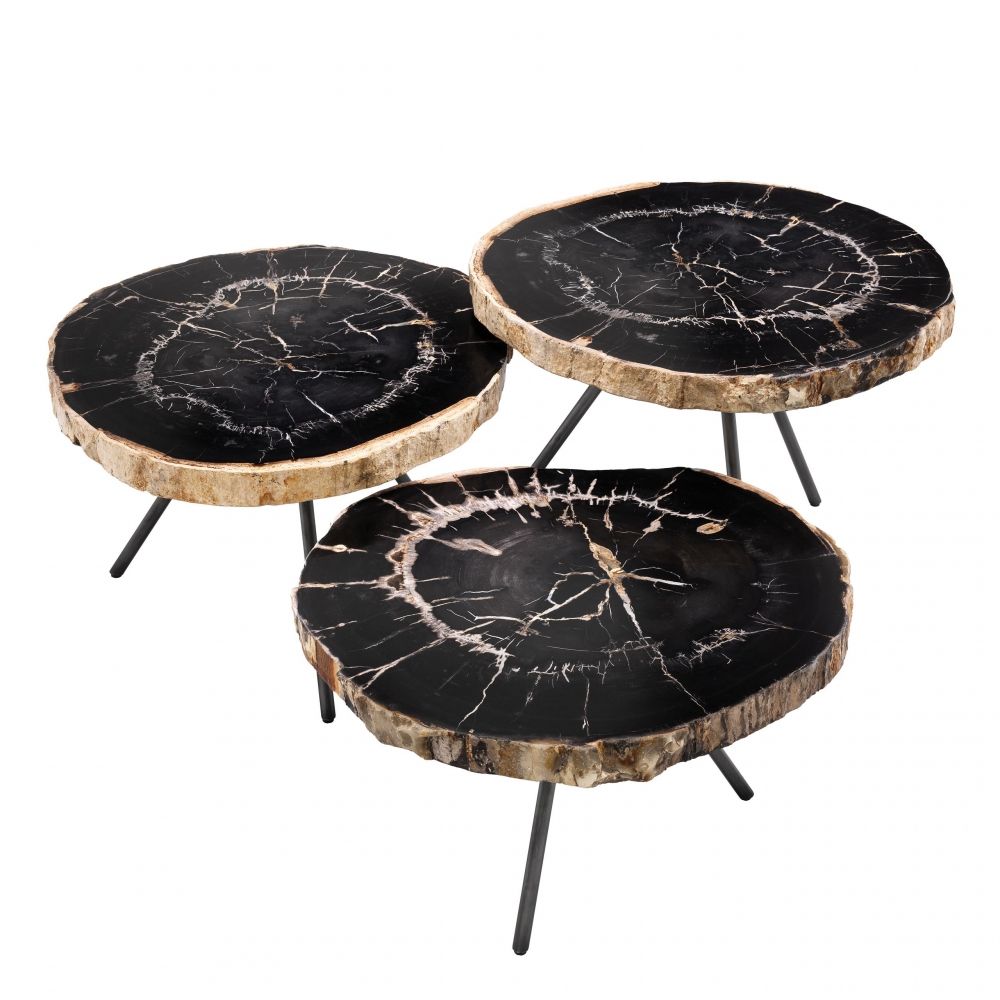 Set 3 masute de cafea Asimetrice din Otel inoxidabil si Lemn masiv Negru L50-70xH36/43/50cm Soto