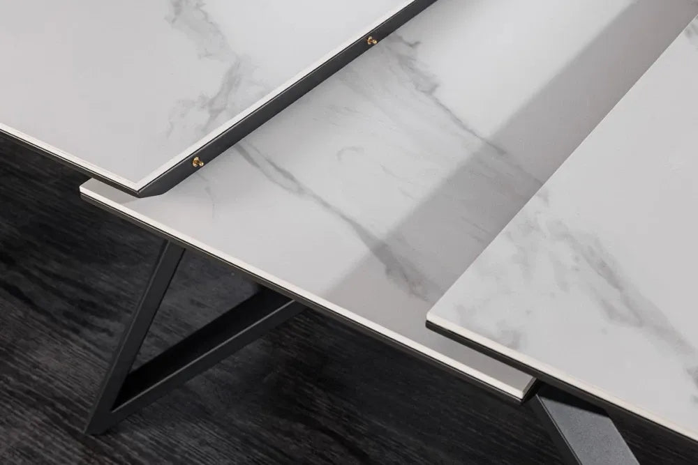 Masa din Sticla securizata/Ceramica Alb cu efect de marmura si Metal Negru L160-200xH77cm Atlas