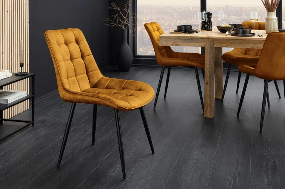 Set 4 scaune tapitat cu Catifea Galben si picioare din Metal Negru H85xL51xA59cm ROADSTAR