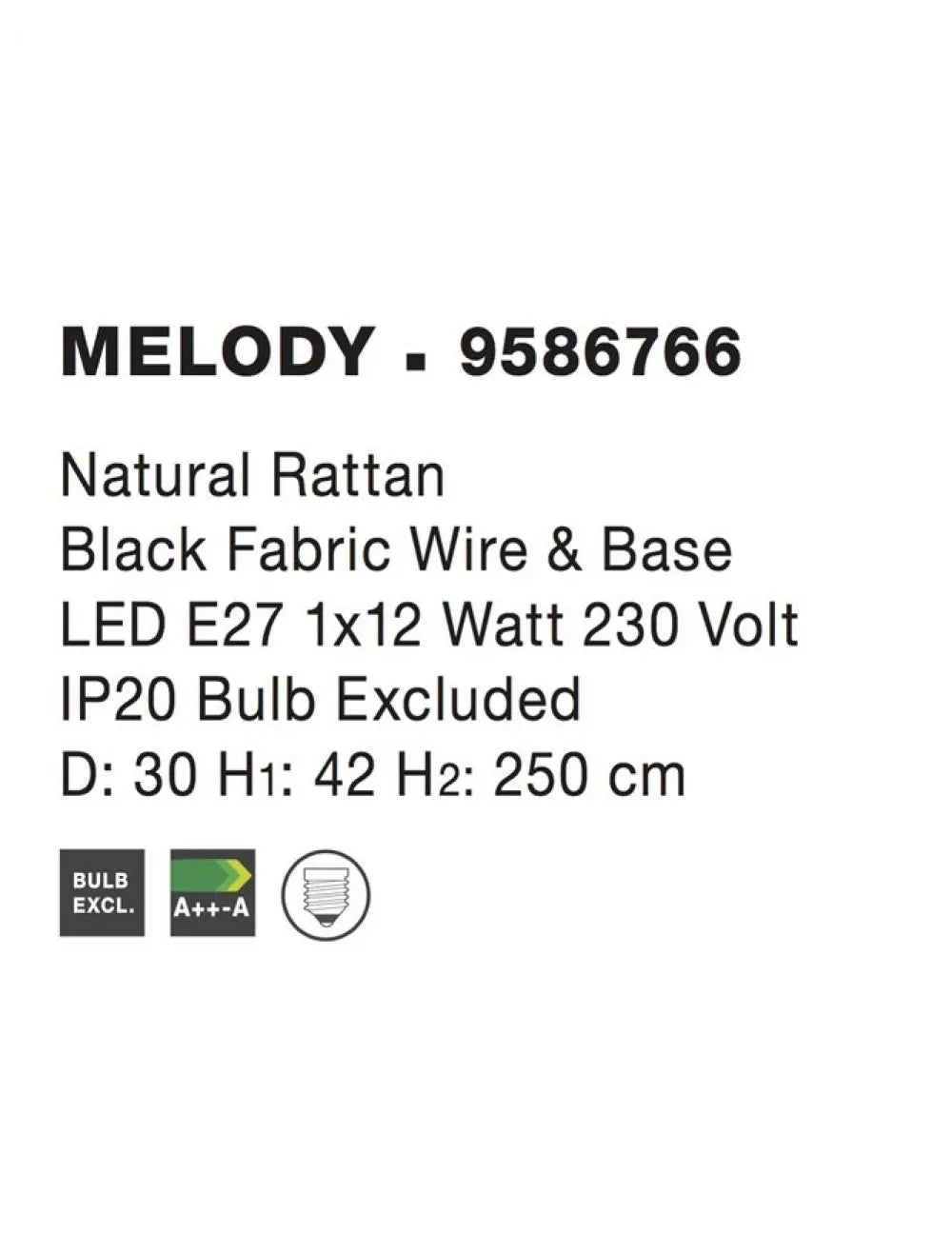 Pendul structura din Metal Negru si abajur din Ratan Bej H250xL30cm IP20 MELODY