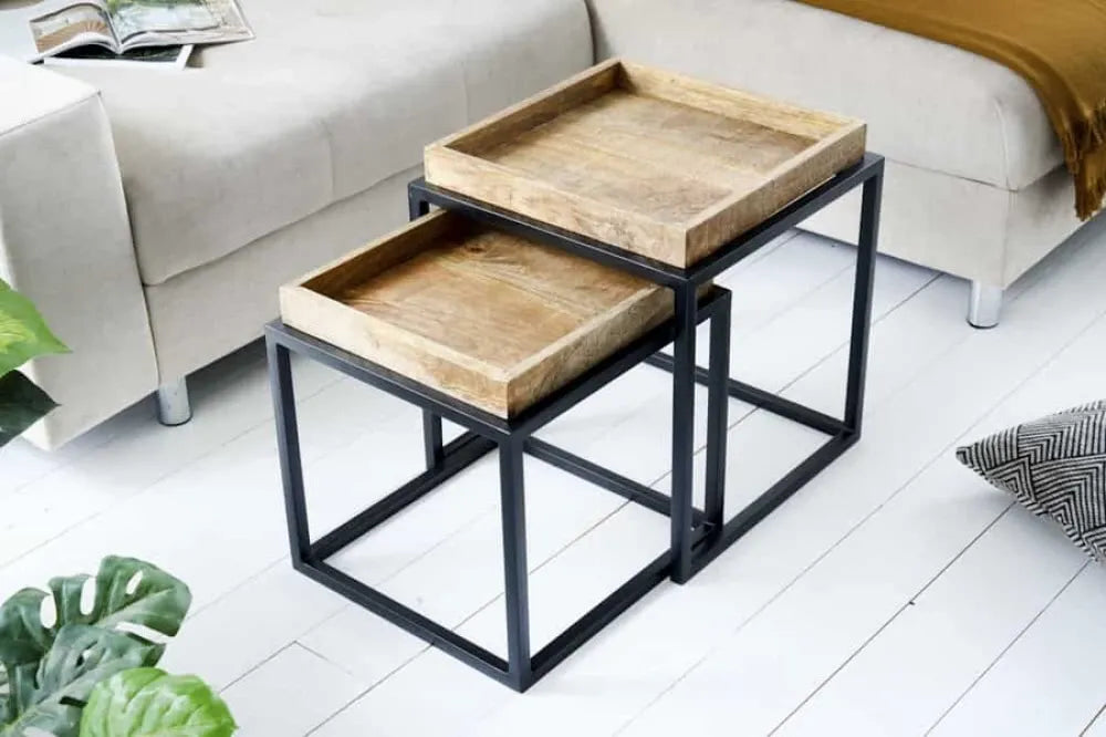 Set 2 masute laterale din Lemn de mango Maro si Metal Negru L42/45xH42/50cm Serviteur