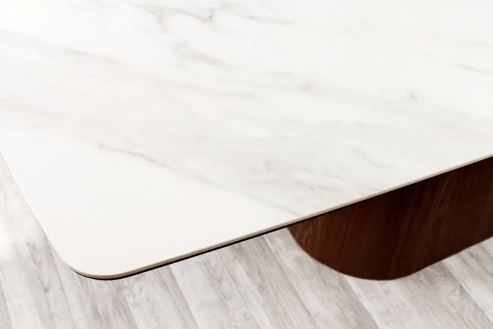 Masa din Ceramica Alb cu efect de marmura si Furnir de nuc Maro inchis L200xH76cm Unique