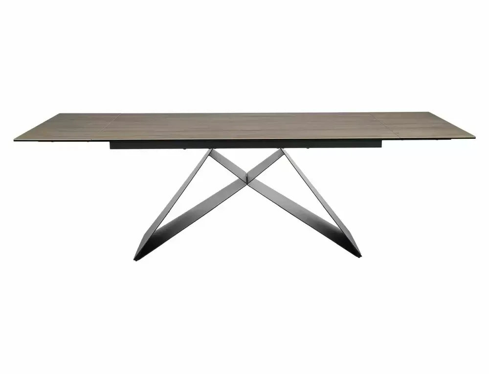 Masa Extensibila de 12 persoane din Sticla securizata+Ceramica Maro deschis si Metal Negru mat DxH77cm Westin