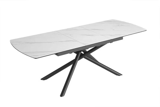 Masa din Sticla securizata/Ceramica Alb cu efect de marmura si Metal Negru L180-230xH77cm Mikado