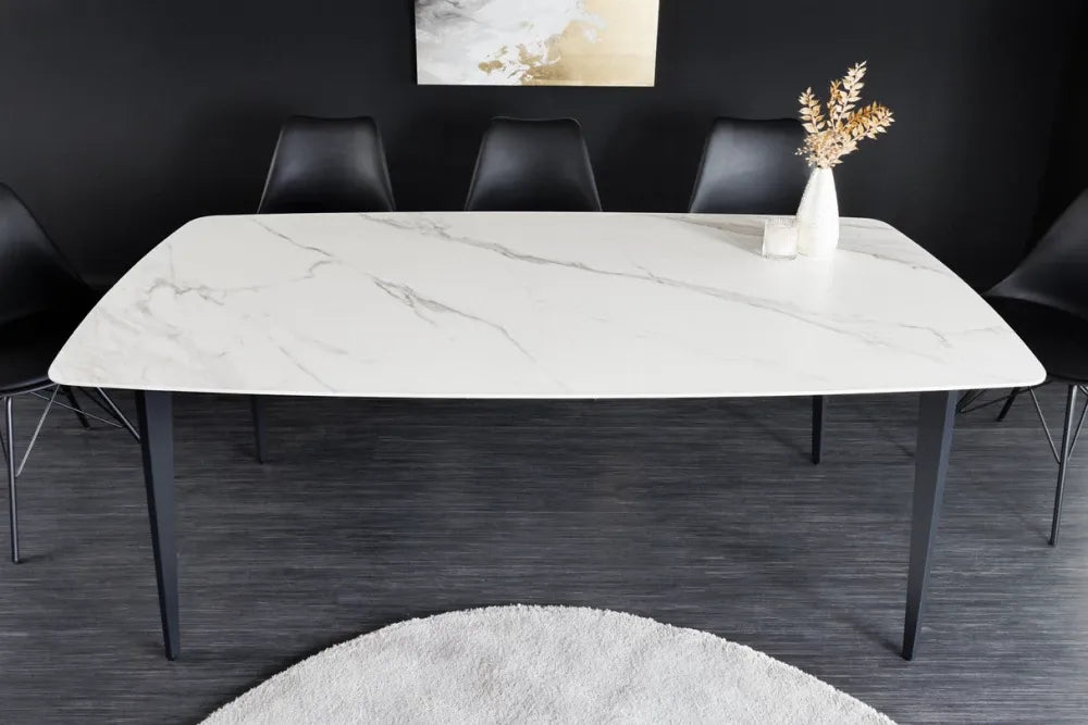 Masa din Ceramica Alb cu efect de marmura si Metal Negru L180xH76cm Milano