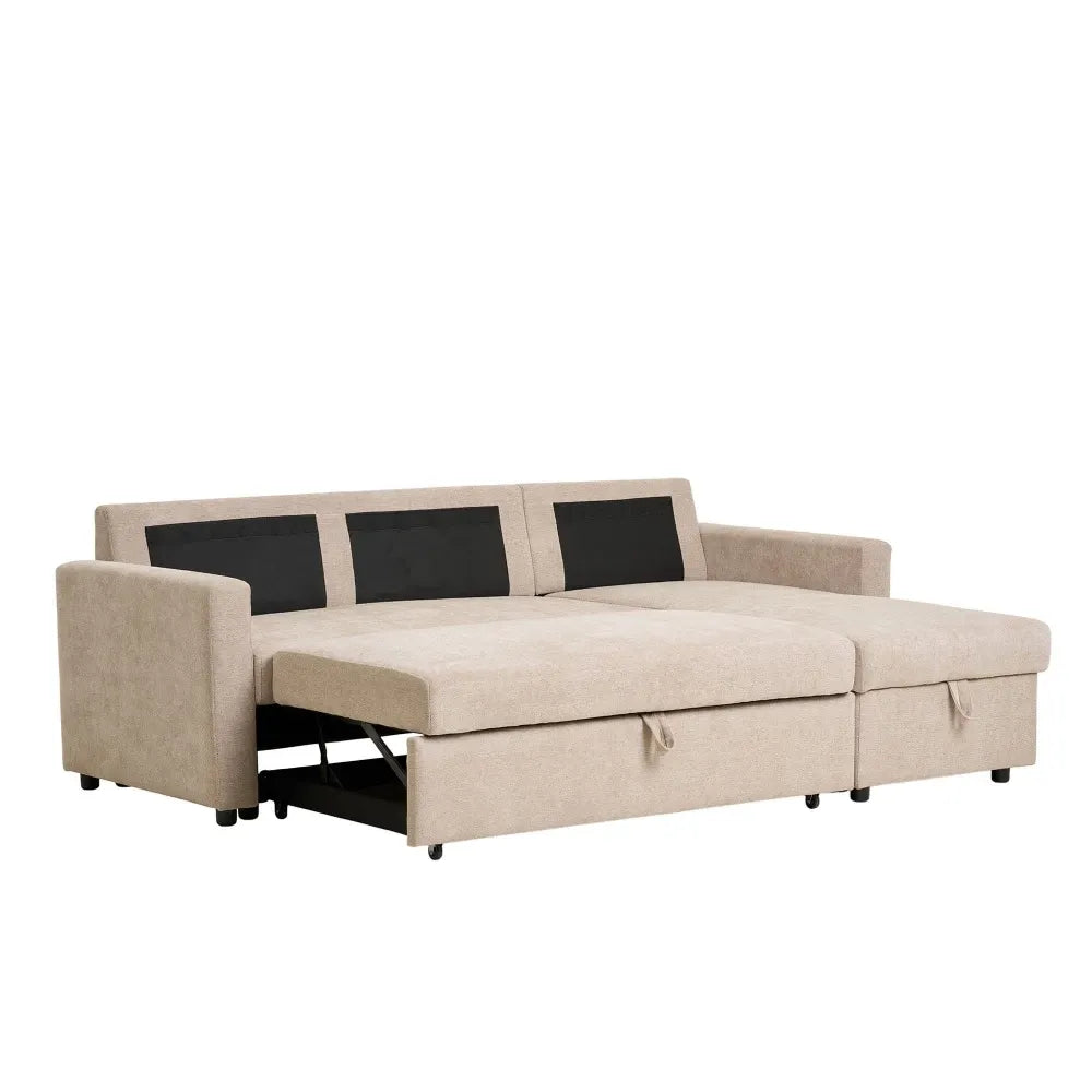 Coltar extensibil cu orientare reversibila si spatiu depozitare tapitat cu Stofa Bej L218xH87cm Belfast