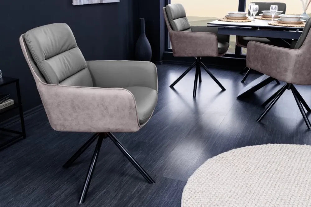 Scaun rotativ tapitat cu Piele naturala/Microfibra Gri taupe cu picioare din Metal Negru H89xL58xA67cm Big George