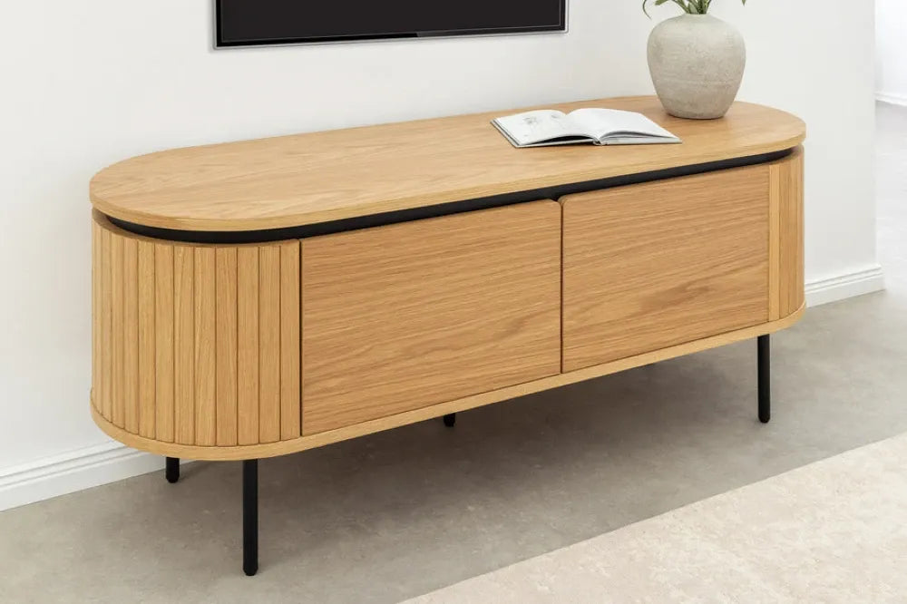 Comoda TV din MDF/Furnir de stejar Maro si Metal Negru L120xH55cm ATELIER