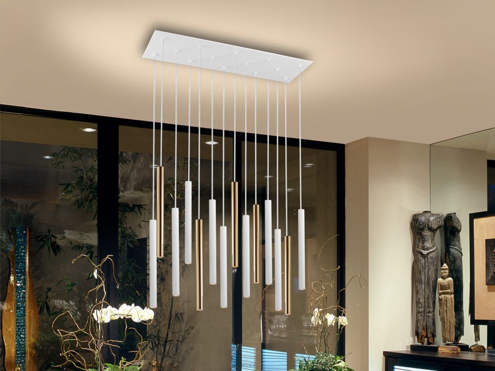 Lustra dreptunghiulara cu inaltime reglabila din Metal Alb/Auriu cu LED L82x25xH140cm Varas cu telecomanda